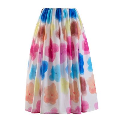 China 2022 Breathable Spring And New Summer Plaid Flare Skirt Orange Watercolor Flower Pleated Big Swing Mini Skirts for sale