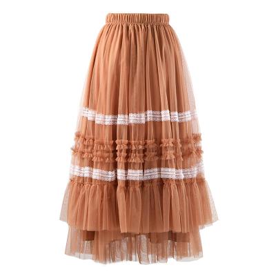 China Breathable Women's Black Tiered Mesh Ballet Prom Party Puffy Tulle A-line Skirts Maxis Lace Up Patchwork Skirt for sale