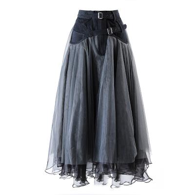 China Breathable Tie-Waist Black Mesh Side Tiered Pockets Skirt Long Puffy Casual Splicing Tulle Skirts for sale