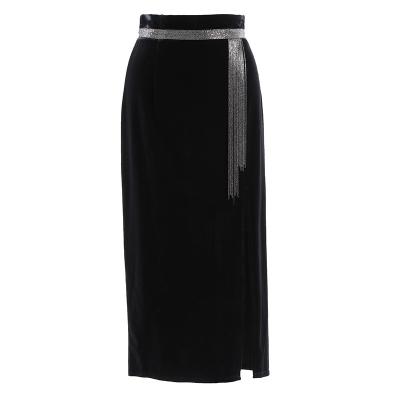 China Breathable Tassel Vintage Slimming Skirts 2022 New Black High Waist Draped Wrap Edge Velvet Side Skirt for sale