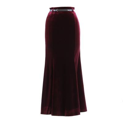 China Breathable Vintage Slimming Long Skirts 2022 New High Waist Black Wrap Edge Velvet Fishtail Skirt for sale