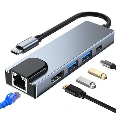 China USB-C Enabled Transfer Rate Aluminum Alloy USB-C Multiport USB Adapter Hub 5Gbps Laptop or PC 5 in1 USB C 3.0 Ports HDMI 4K for sale