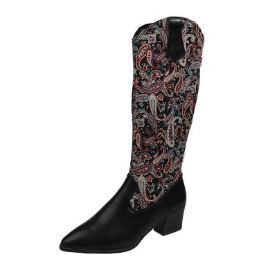 China Spring Autumn And Winter National Knee-High Flower Embroidery Flat Stitching Headed Boots PU Women Booties Straight Knee High Toe Boots for sale