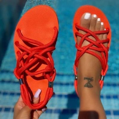 China Lady Sandal Ladies Woman Shoe Fluorescent Color Plus Size Hemp Flat Rope Strap SandalsFlat Cross Sandals for sale