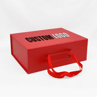 China Custom High Quality Cheap Recyclable Magnetic Packaging Red Logo Shipping Cardboard Bridesmaids Announcement Box Foldable Gift Box With Ribbon for sale