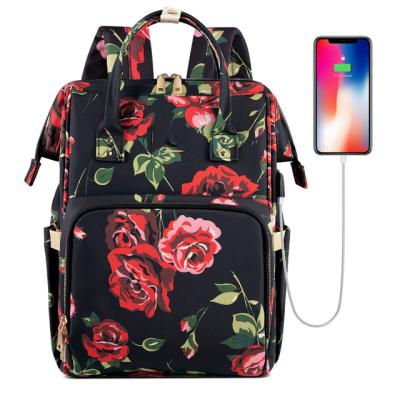 China With USB Flower Pattern Laptop Backpack Stylish Women School Backpack With USB Port Filling Water Resistant Casual Daypack for sale