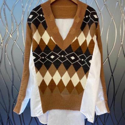 China Other Autumn Fashion New V-Neck Long Sleeve Lapel Knit Quilting Plaid Invest Korean Loose Women Jumper Sweater For Ladies Shirts for sale