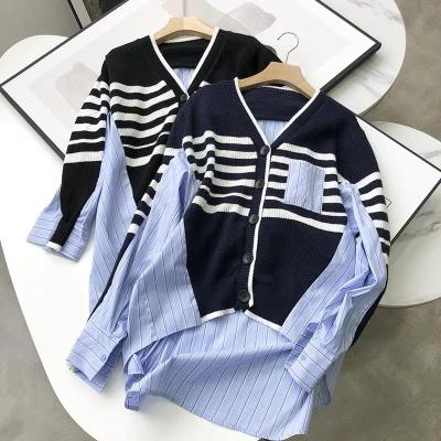 China Other Autumn New Fashion V Neck Fattening Sweater Charming Stripe Shirt Ladies Loose Cardigan With Button for sale