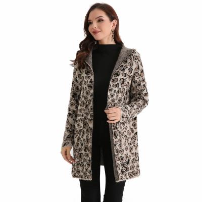 China Good quality anti shrink knit leopard jacquard cardigan long sleeve hooded plus size sweater coat for women for sale