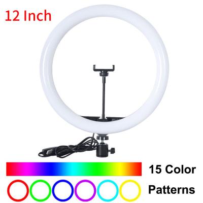 China 12 Inch 15 Colors and Brightness 15 Levels RGB LED Ring Light with Adjustable Mobile Phone Tripod Stand and Holder DT03004 for sale