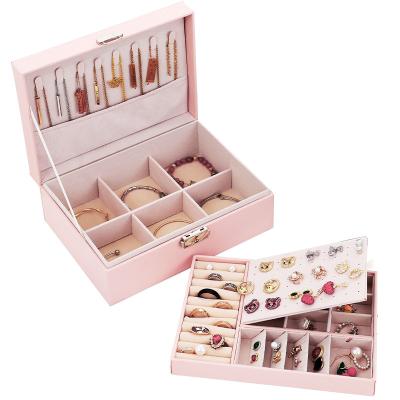 China Wholesale New Double Layer Wooden Lock Big Wooden Jewelry Box Stud Earring Jewelry Box Leather for sale