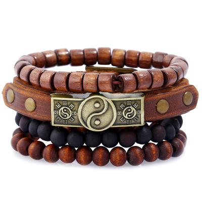 China Vintage European and American Jewelry Alloy Retro Chat 4 Layers Wooden Beaded Men's Leather Bracelet Tai Chi Bracelet Set for sale