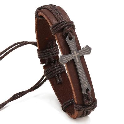 China Vintage Fashion Jewelry Retro Handwoven Adjustable Pull Bracelet Leather Woven Cross Bracelet Men for sale