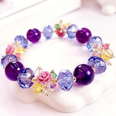 China Fashion TRENDY Design Luxury Gold Plated Natural Flowers Bracelet Women 12mm Crystal Healing Bracelets Gemstones Amethyst for sale