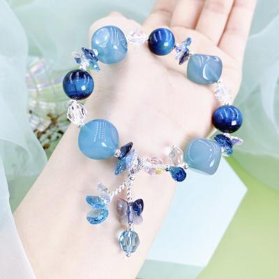 China Large Size Tassel Crystal Beaded Sterling Silver Butterfly Vintage Fashion Blue Tiger Eye Agate Bracelet High Quality Design for sale