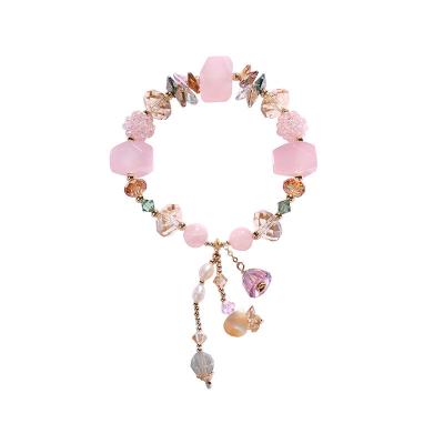 China Cute High Quality Sterling Silver 18k Gold Plated Tassel Pendant Charm Irregular Natural Pink Austrian Crystal Bracelet for sale