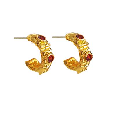 China High Quality Newly Designed Retro Copper Gold Plated Silver S925 Needle C Shaped Red Stud Earrings Irregular Temperament Earrings for sale