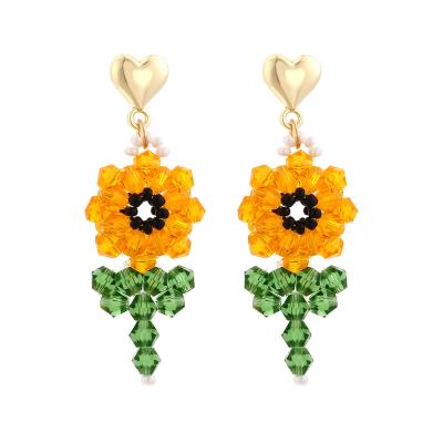 China TRENDY Hand - Crystal Flower Earrings Holiday Beaded Sunflower Woven Glass Floral Earrings for sale