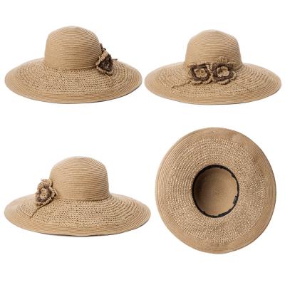 China Character Summer Women Paper Flower Band Sunproof Floppy Straw Hat for sale