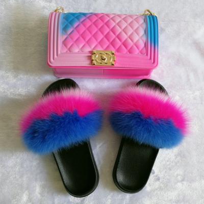 China Fashion Mix Colors Candy Bag For Women Fox Fur Slippers With Purse And Matte Colorful Jelly Bag Rainbow PVC Bag Handbag Jelly Slippers for sale