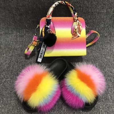 China Fashion Mix Colors Rainbow Bag For Women Fox Fur Slippers With Purse And Matte Colored Jelly Bag PVC Handbag Jelly Slippers for sale