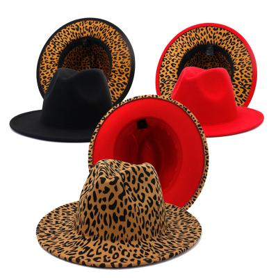 China Wholesale High Quality Plush Faux Wool Felt Wide Brim Fedora Hats With Red Bottom Cheetah Leopard Print 2 Tone Fedoras Hats Men Women for sale