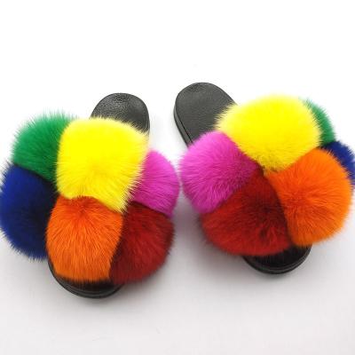 China Cushioning Custom Women Real Fox Fur Slippers Summer Slippers Wholesale Wear Sandals Fashion Fur Slides for sale