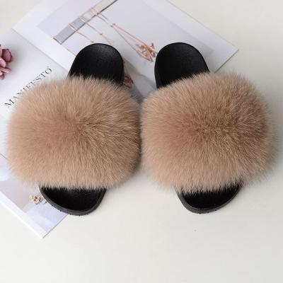 China High Quality Colors 40 Colors Summer Style Women Fur Shoes Luxury Fur Flat Cushioning Slides 40 Slides Fox Fur Slippers for sale