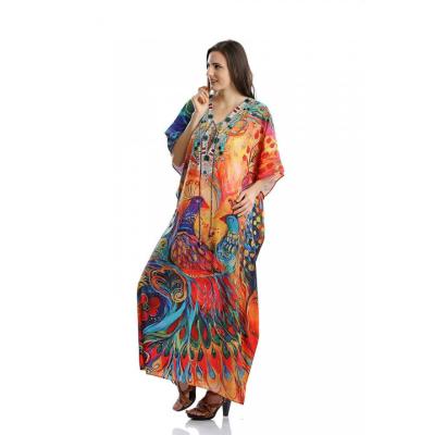 China Wholesale Peacock Print V-neck Dress Beach Swimwear Silk Maxi Cover Up Anti-UV Beachwear Cover Up for sale