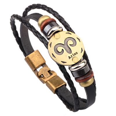 China New Design Leather Men Bracelet Custom Wholesale Charm Leather 12 Constellations Metal Magic Braided Snap Button Black Leather Bracelet for sale