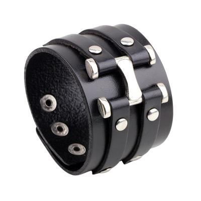 China Wholesale Leather Punk Style Wide Leather Bracelets for Men Rivet Fashion Cross and Double Studded Leather Wristbands for sale