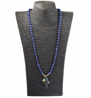 China Fashion Jewelry 8mm Copper Plating 14K Gold Ox Bone Pendant+Rhinestone+Eco-friendly Natural Lapis Lazuli Beads Handmade Fashion Beaded Necklaces for sale