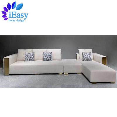 China Modular iEasy custom China factory wholesale unique stainless steel armrest  l shape sofa modern sofa set top grain genuine leather sofa for sale