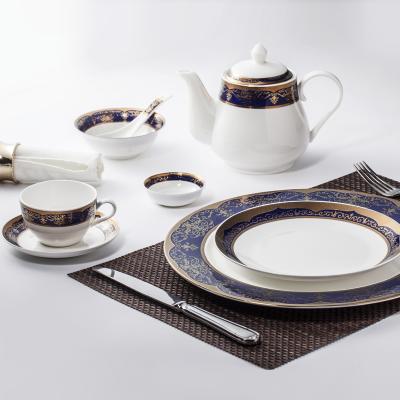 China Sustainable Hotel Restaurant Tableware Bone China Decal Dinnerware Set, China Bone China Embossed Gold and Blue Dinner Set> for sale