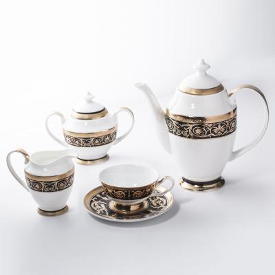 China Durable Dubai Bone China Dinnerware Coffee Set Black Embossed Gold Tea Set, Modern Luxury Coffee Restaurant Dinnerware Set> for sale