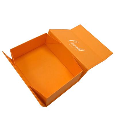 China Custom Reused Materials Logo Magnet Folding Cardboard Apparel Shoe Boxes Packaging Orange Wig Luxury Hair Apparel Gift Box for sale