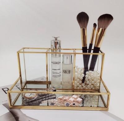 China High Quality Gold Glass Mirror Pen Holder Set For Household Glass Makeup Storage Organizer Desktop Cosmetic for sale