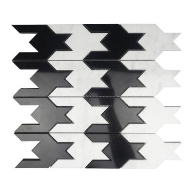 China Herringbone White And Black Marble Interlocking Pattern Wall And Mosaic Parquet Slab Price for sale