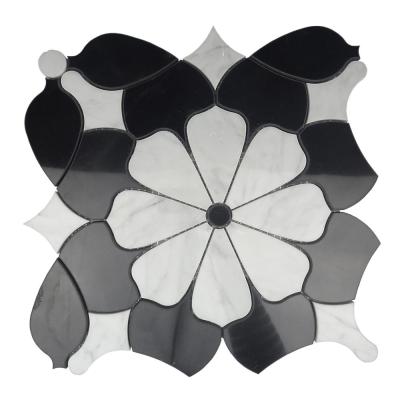 China Parquet designs cheap black white Carrara bathroom flooring waterjet marble mosaic slabs for sale