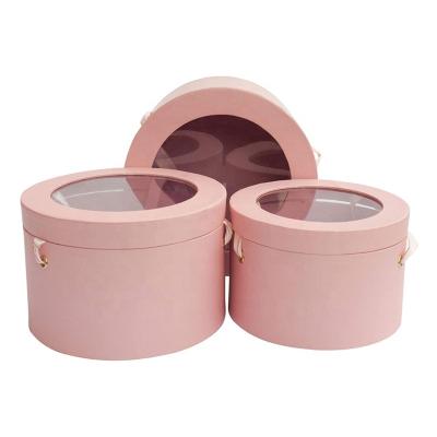 China 2022 Biodegradable Luxury Round Flower Gift Box Rose Print of Presentation with Double Inner Transparent Top Layer with Ribbon Handles for sale