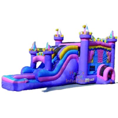 China Indoor and outdoor entertainment purple and pink castle design inflatables water slide combos bounce house inflatable combo bouncer with pool for sale