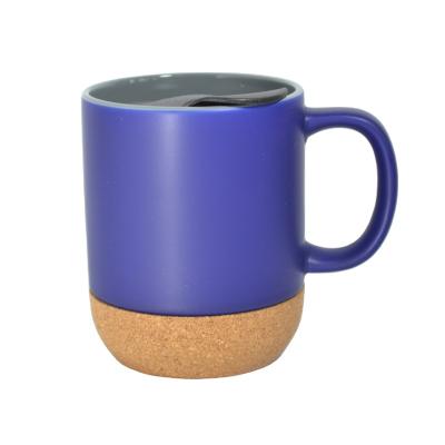 China Sustainable Wholesale Cork Base Blue Color Customized Logo Ceramic Mug With Plastic Lid for sale