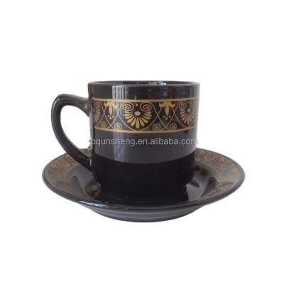 China Sustainable Nordic Black Ceramic Coffee Cup And Saucer Set With Gold Printing for sale