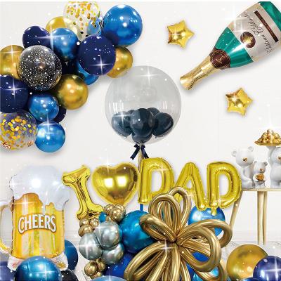 China Cheap Party Decoration Best Price Father's Day Balloons With Navy Sequin Glitter Star Wine Bottle Blue Transparent Beer Shaped Balloon for sale