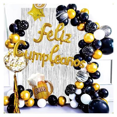 China Birthday Gift Black and Gold Party Balloons with Silver Fringe Curtains for Spanish Happy Birthday Letters Balloons for Girls Women for sale