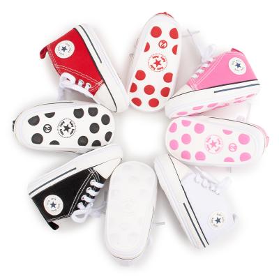 China New Designed Fashion Anti-odor Trend Sole Canvas Rubber First Walker Newborn Baby Shoes for sale