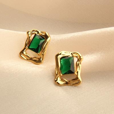 China Vintage Fashion Earrings Trend 2022 10k 14k Gold Plated Brass Rhinestones Sets Emeralds Earrings For Women for sale