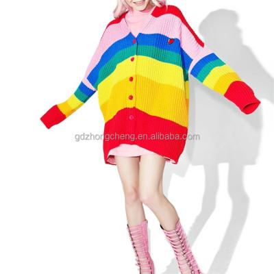 China Fyb Anti-Wrinkle Mixed Stripe Color Block V-Neck Long Sleeve Women Sweater Coat With Pockets Knit Cardigan Rainbow Knitted Sweater for sale