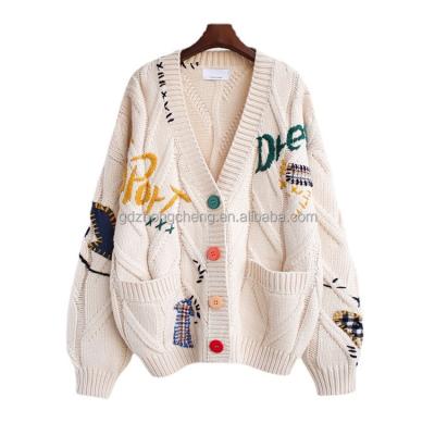 China Latest Design Anti-wrinkle Oversized V-Neckline Knitted Embroidery Ladies Cardigans With Pockets Loose Jacquard Cardigans Sweater Women for sale