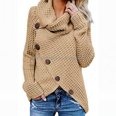 China Anti-wrinkle Women's Asymmetrical Button Turtle Cowl Neck Edge Wrap Pullover Sweater Tops for sale